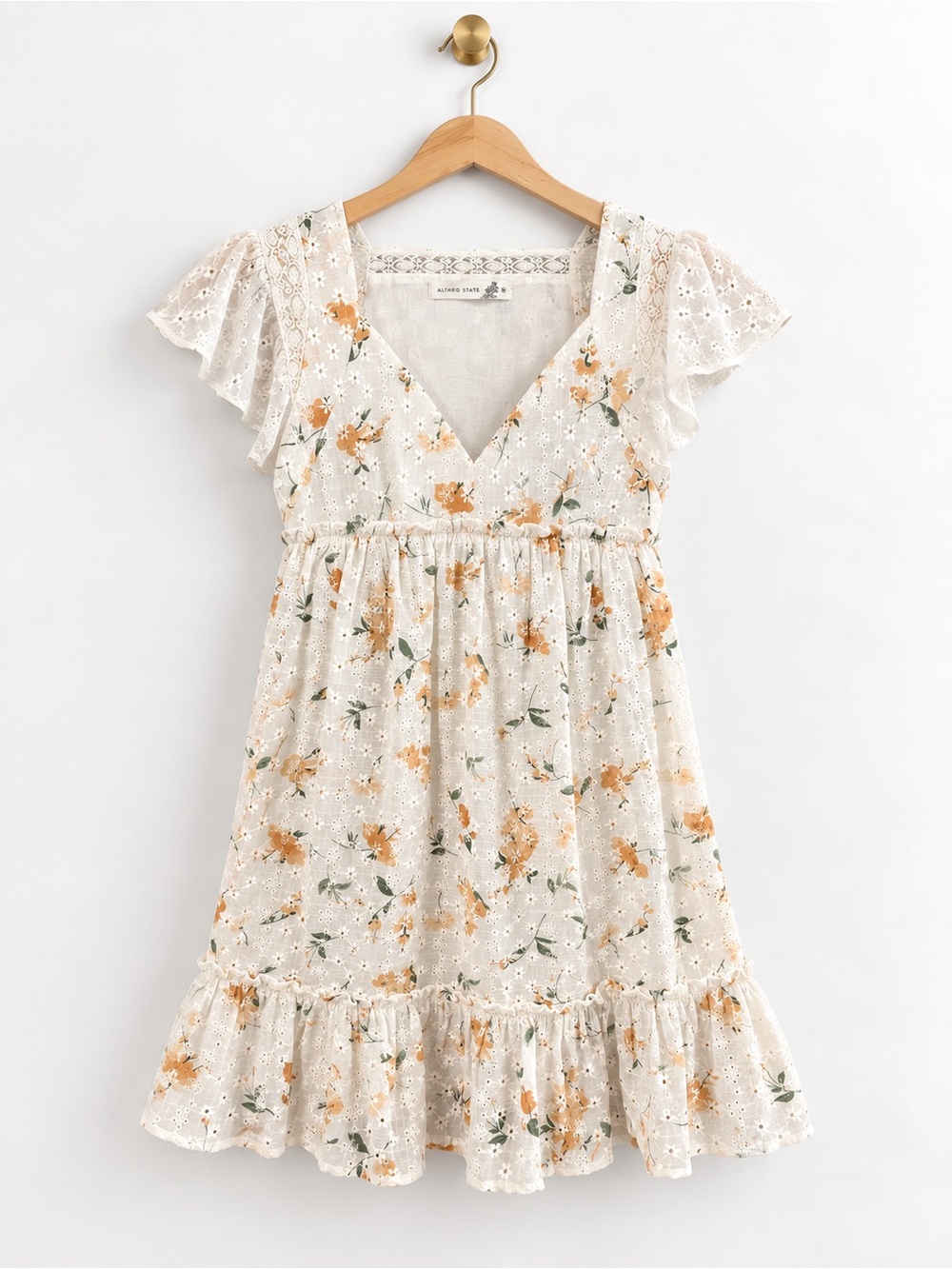 Altar’d State White Eyelet Floral Flutter Sleeve Mini Dress Size M Cottagecore